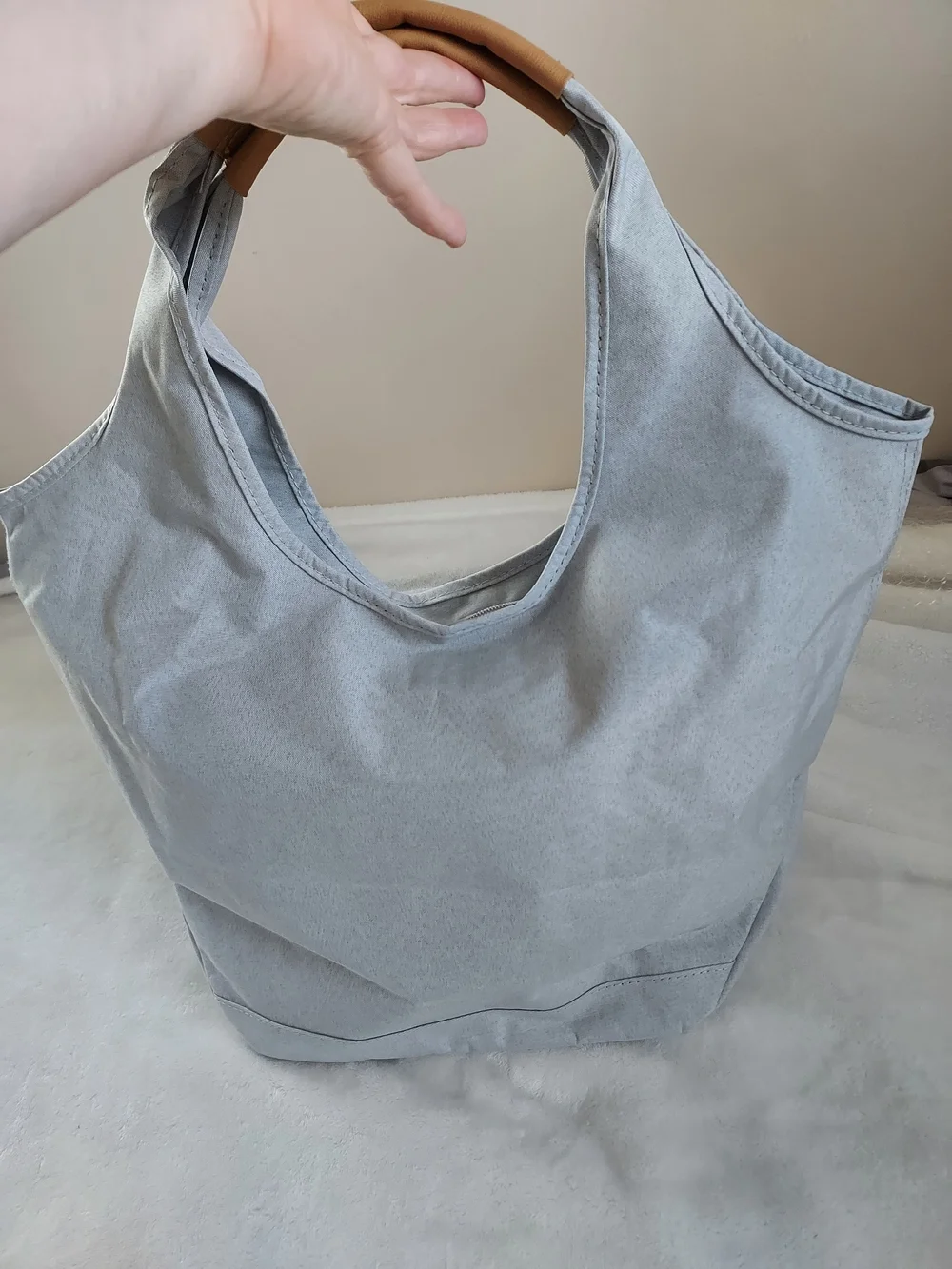 Light Gray Baby Tote Diaper Shoulder Bag with Tan Wrapped Handles